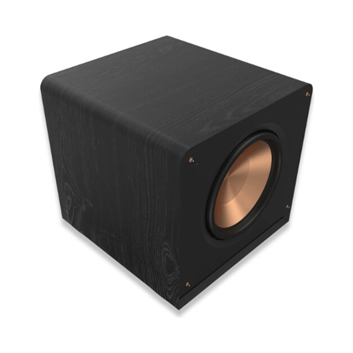 A black wood-grain Klipsch RP-1600CSW Reference Premiere Compact Subwoofer enclosure with a copper-colored driver cone, shown at an angle on a white background.