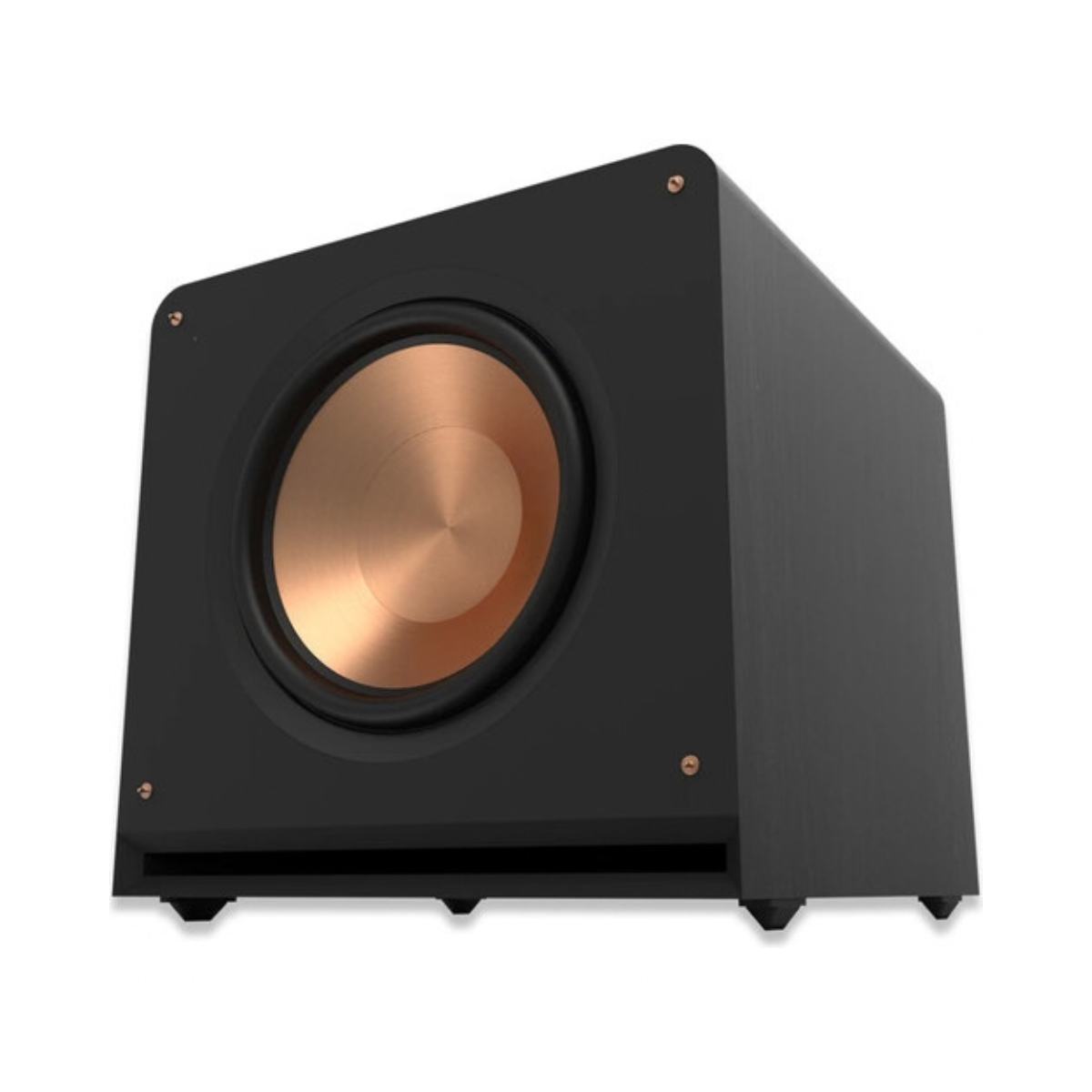 A black Klipsch RP-1600CSW Reference Premiere Compact Subwoofer with a large copper-colored driver cone, shown at a three-quarter angle on a white background.