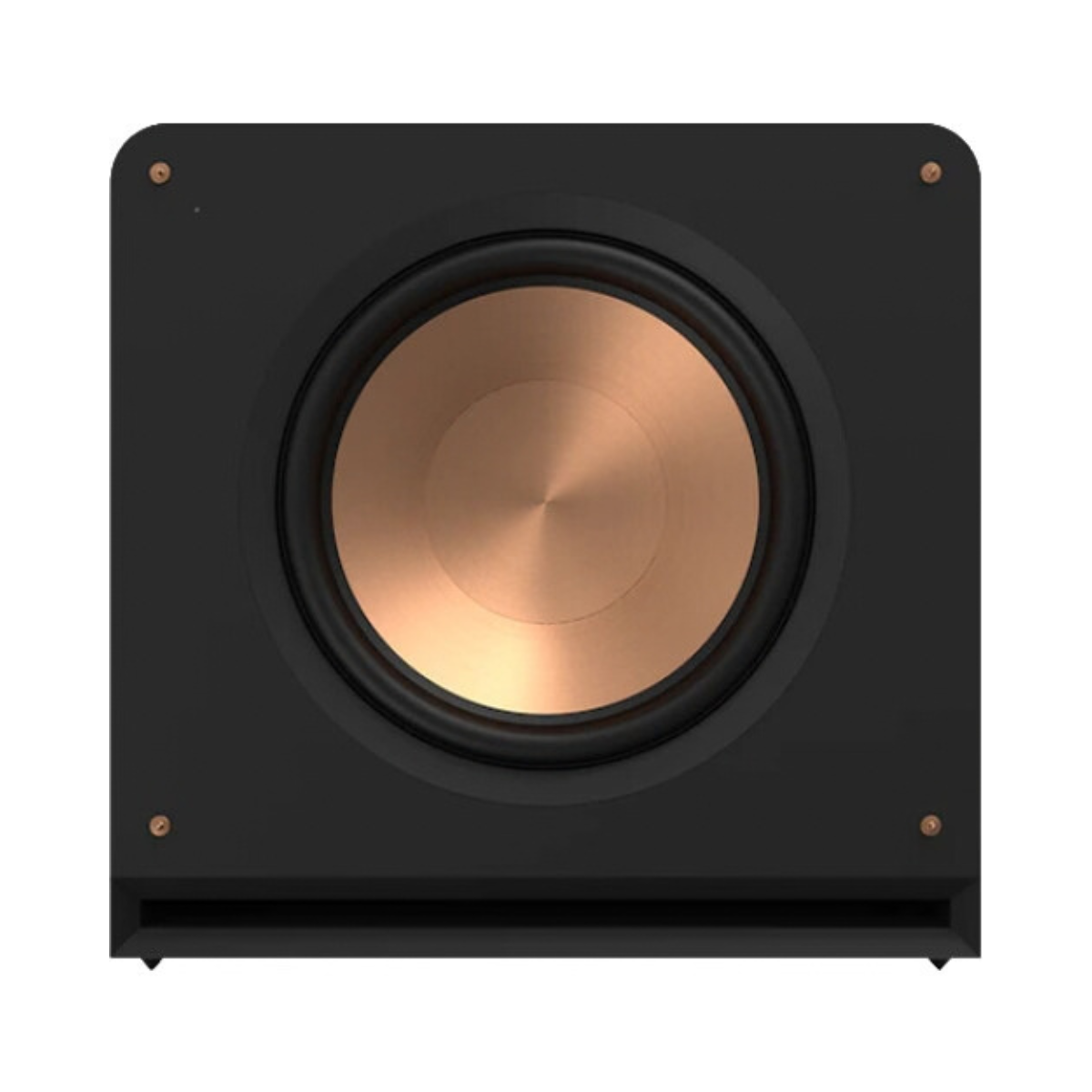 A square Klipsch RP-1600CSW Reference Premiere Compact Subwoofer with a large copper-colored driver cone, shown against a plain white background.