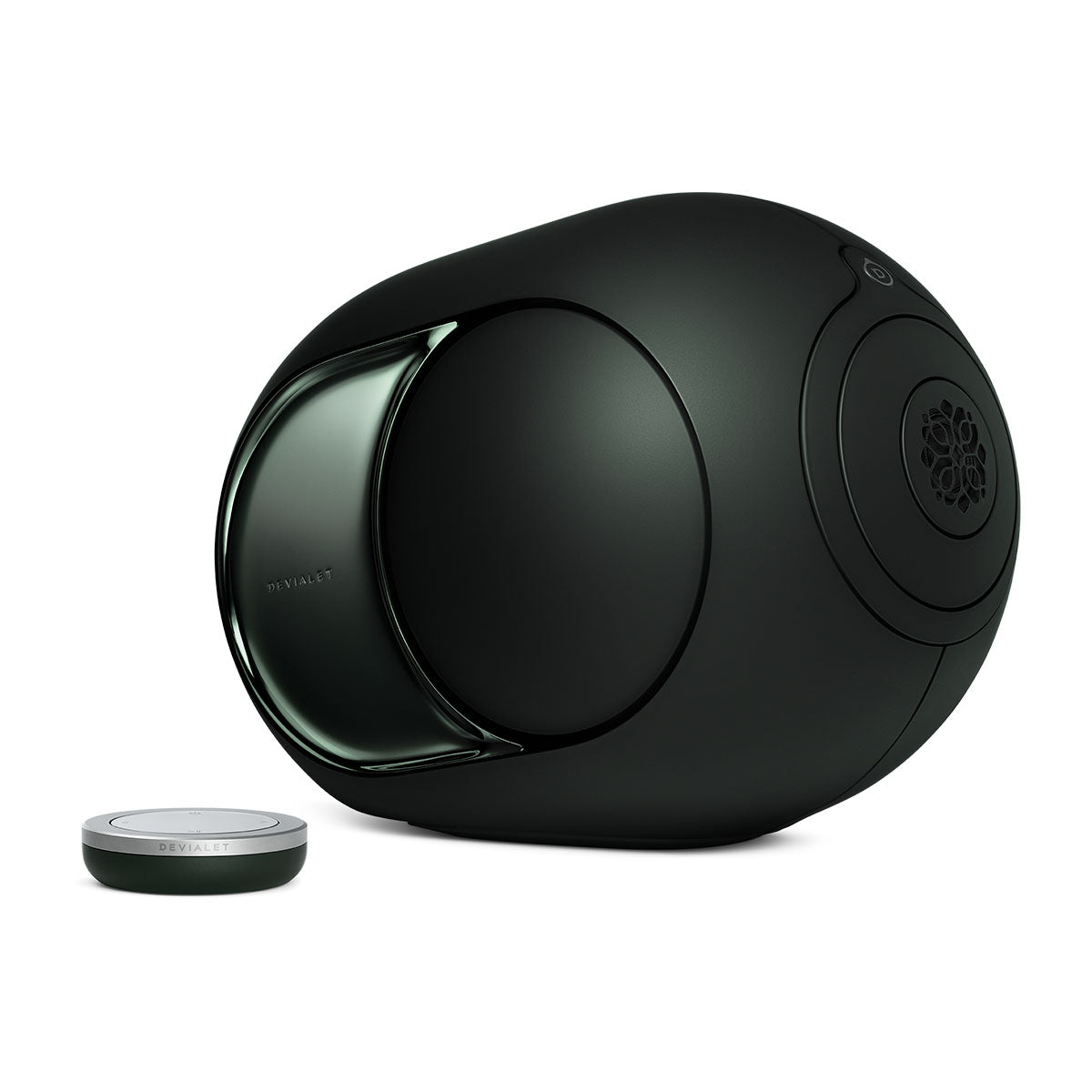 Devialet Phantom Ultimate 108 dB High-End Connected Speaker - Deep Forest - facing right with remote to left