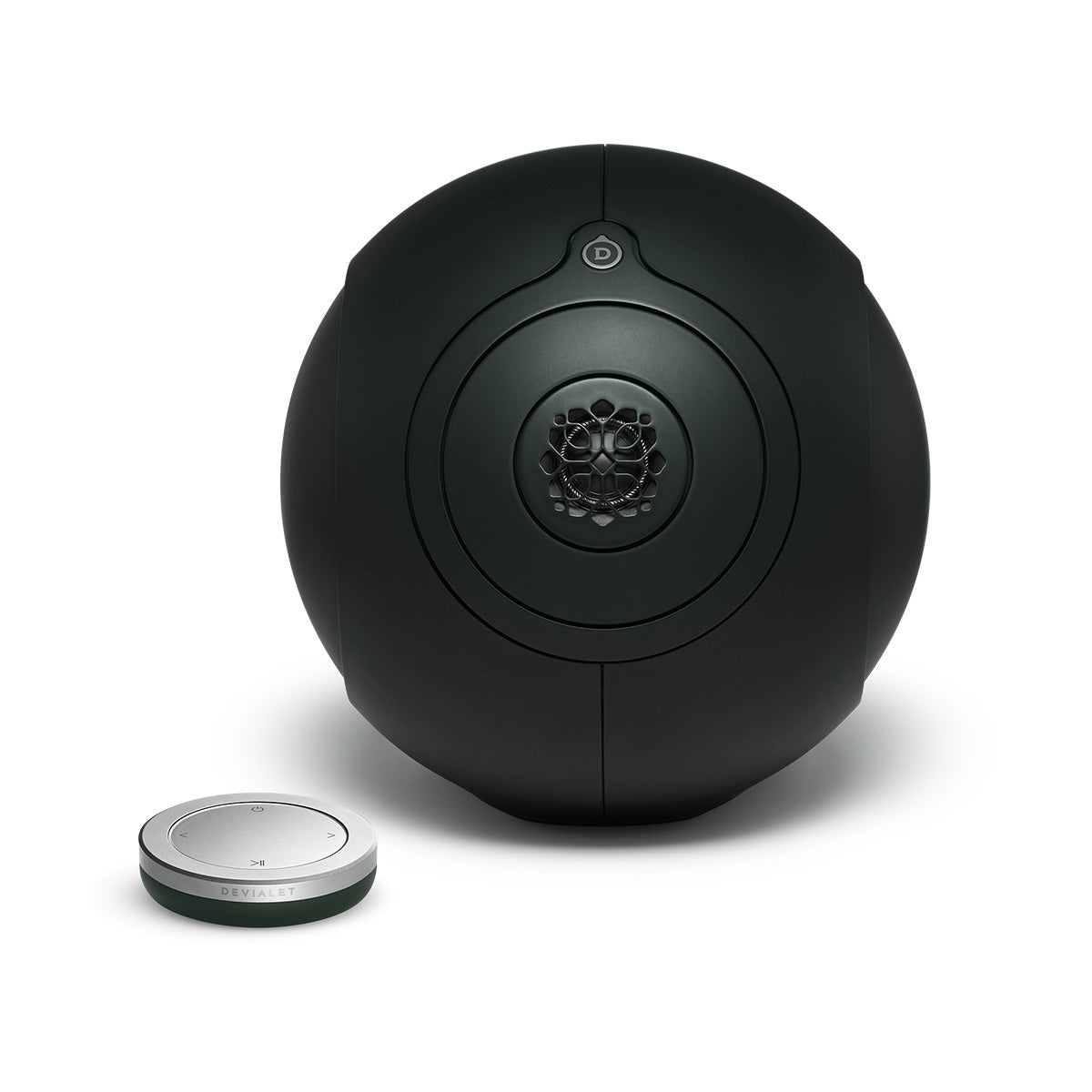 Devialet Phantom Ultimate 108 dB High-End Connected Speaker - Deep Forest - front view with remote to left