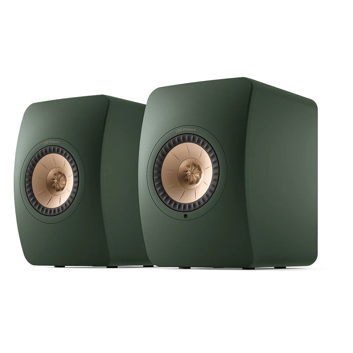 KEF LS50 Wireless II High Resolution Music System - Moss Green - Pair - angled front view of pair without grilles