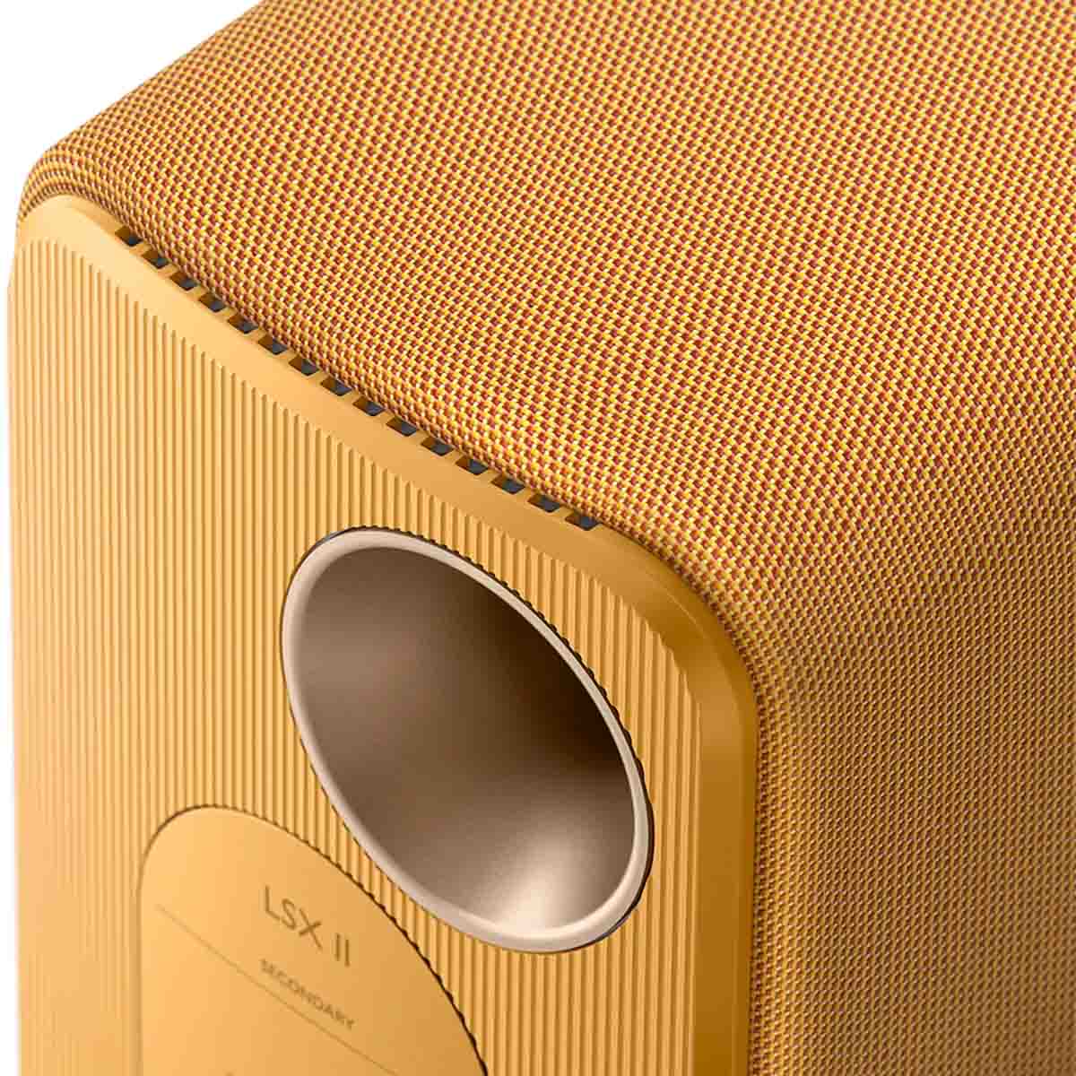KEF LSX II Wireless HiFi Speakers amber haze close-up of port