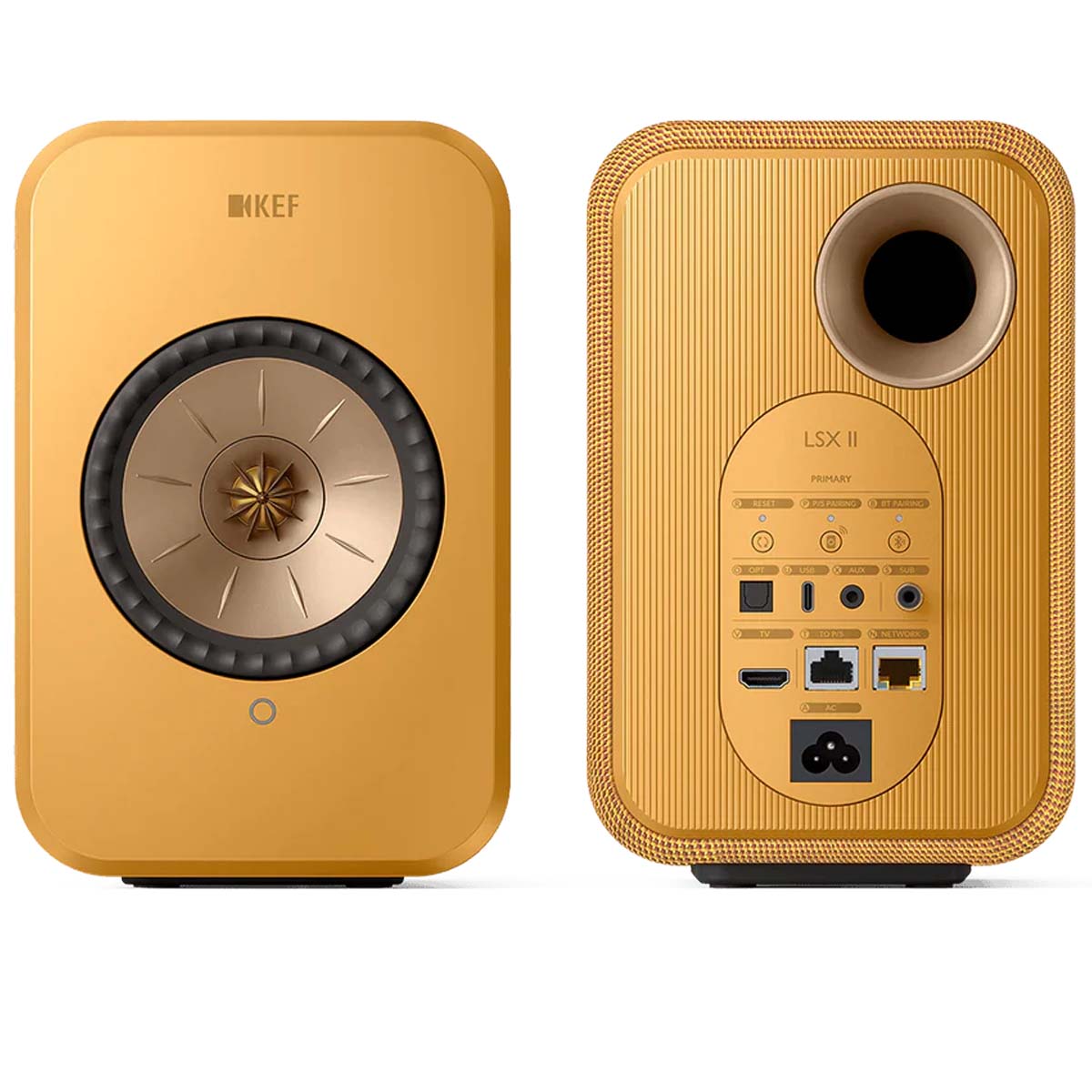 KEF LSX II Wireless HiFi Speakers amber haze front view of left speaker, rear view of right speaker