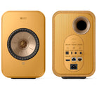 KEF LSX II Wireless HiFi Speakers amber haze front view of left speaker, rear view of right speaker