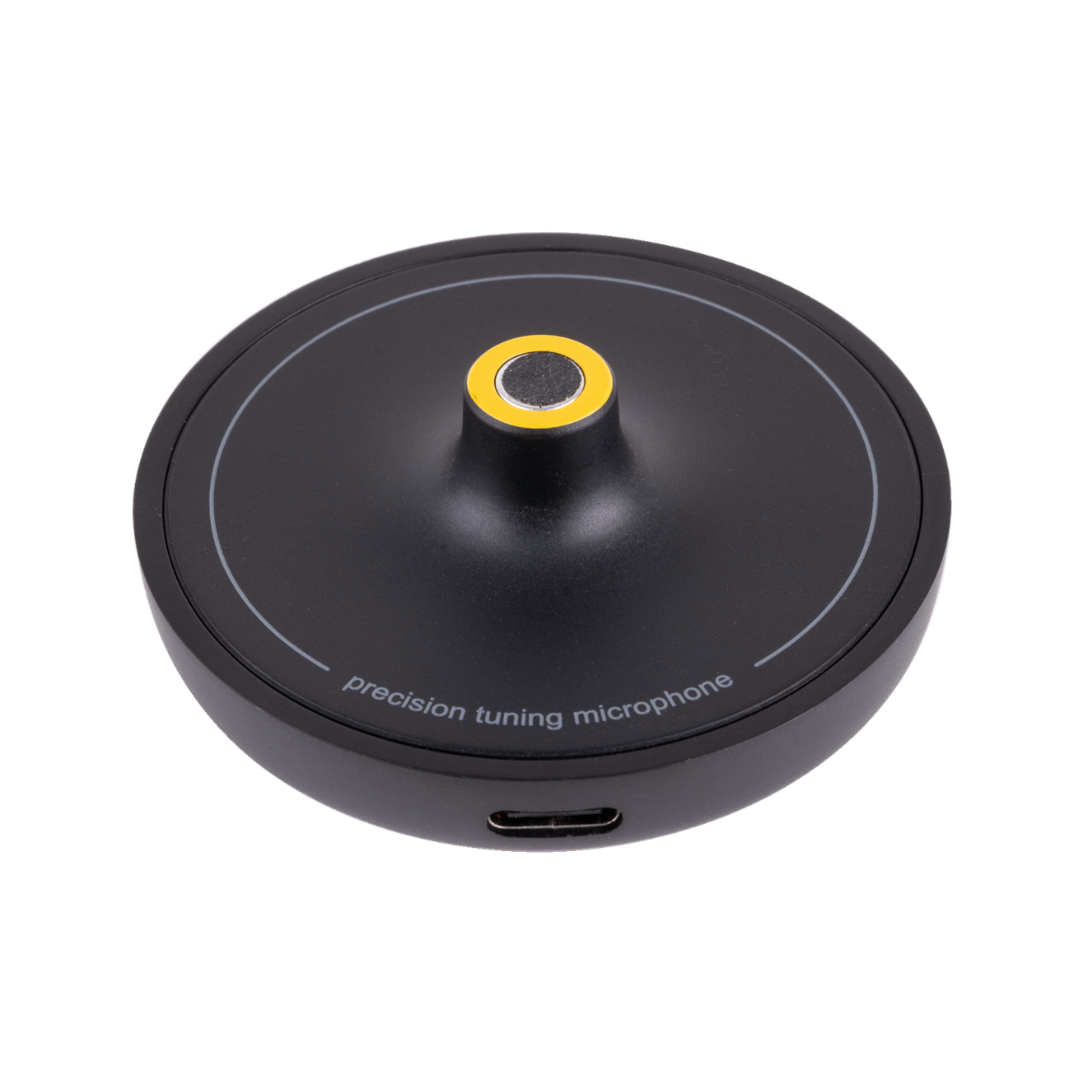 A black circular Arcam calibration microphone with a yellow accent ring around the center pin, featuring a USB-C port on the side and white text that reads 'precision tuning microphone' on a clean white background.