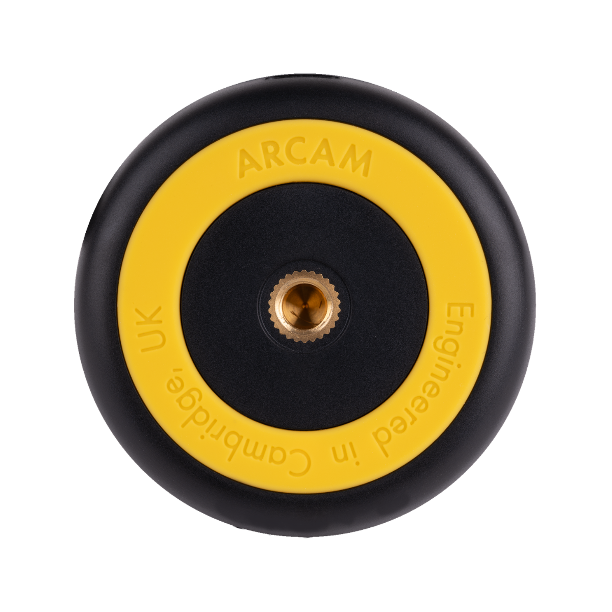 An Arcam calibration mic with a black outer ring, a yellow inner ring featuring embossed text, and a central brass screw mount on a white background.