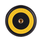 An Arcam calibration mic with a black outer ring, a yellow inner ring featuring embossed text, and a central brass screw mount on a white background.
