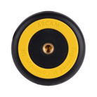 An Arcam AVA25 calibration mic with a black outer ring, a yellow inner ring, and a gold threaded center screw, shown on a plain white background.