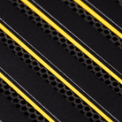 Close-up of Arcam AVA25 with repeating diagonal rows of small circular holes and bright yellow accent stripes running parallel to them.