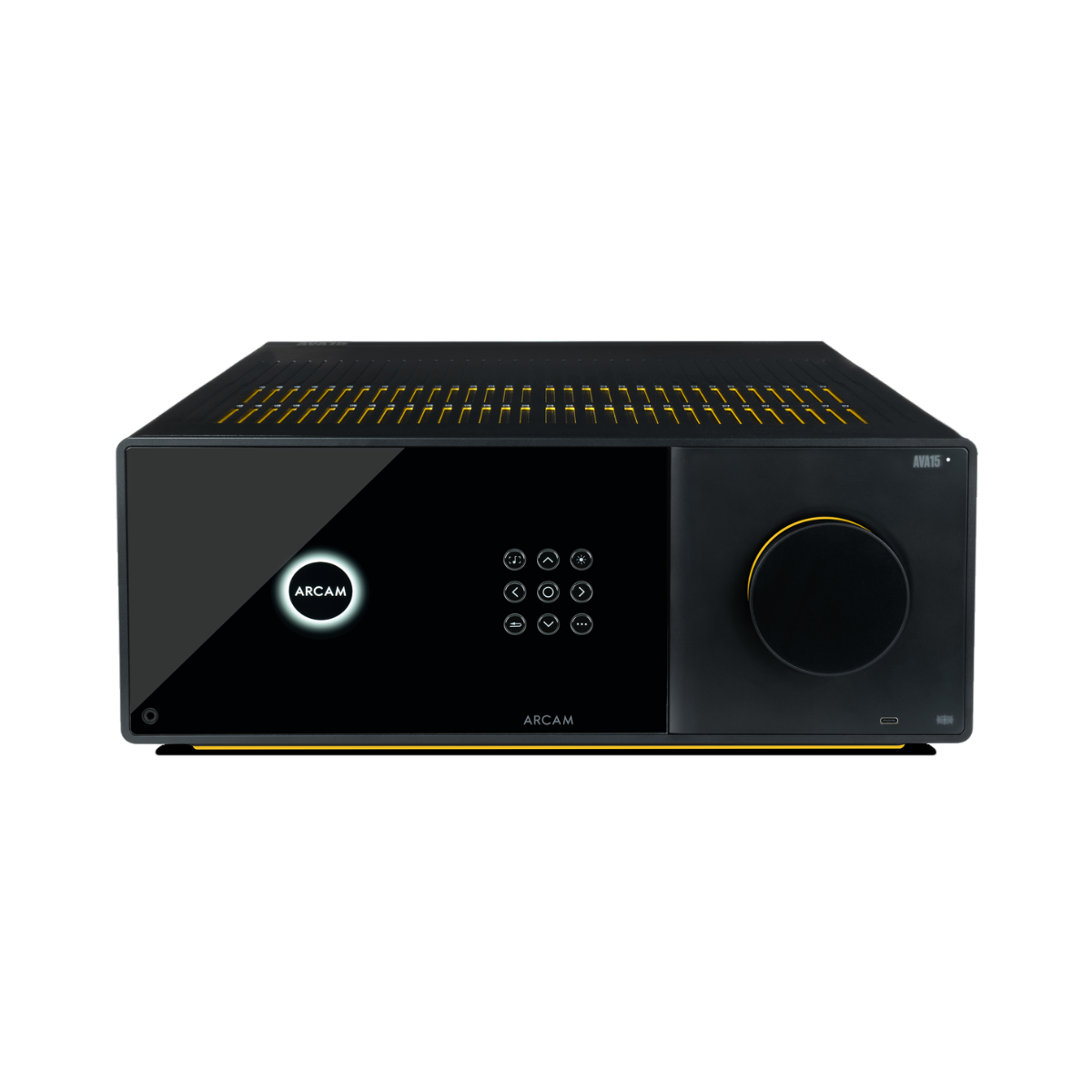 An Arcam Radia AVA15 9-channel Class D Home Theater Receiver in glossy black with gold accents, featuring a digital display panel, control buttons, and a large volume knob on a white background.
