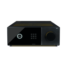 An Arcam Radia AVA15 9-channel Class D Home Theater Receiver in glossy black with gold accents, featuring a digital display panel, control buttons, and a large volume knob on a white background.