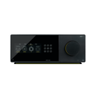 A black ARCAM audio player or receiver with a glossy touch display screen, a large circular control dial on the right, and a slim stand, shown against a plain white background.