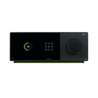 A sleek black Arcam audio receiver or amplifier with a large front display showing a circular progress indicator, a grid of control buttons, and a prominent circular volume knob on the right, set against a plain white background.