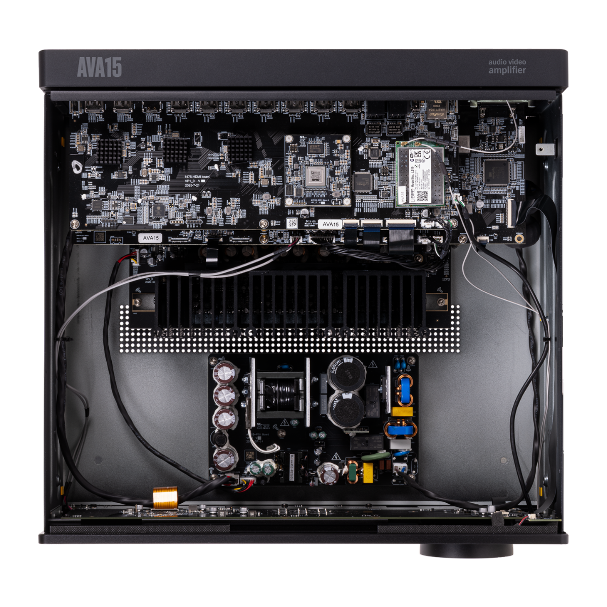 Open front view of an Arcam Radia AVA15 9-channel Class D Home Theater Receiver showing internal electronic components, heatsinks, capacitors, and wiring on a white background.