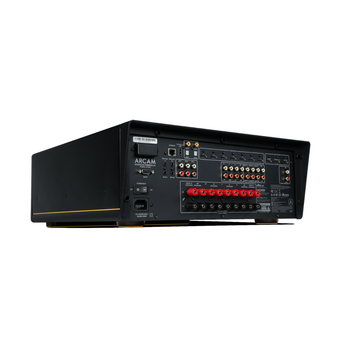 A black Arcam Radia AVA25 9-channel Class A/B Home Theater Receiver shown from the rear, featuring various red, gold, and black audio input and output connectors on a plain white background.
