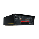 A black Arcam Radia AVA25 9-channel Class A/B Home Theater Receiver shown from the rear, featuring various red, gold, and black audio input and output connectors on a plain white background.
