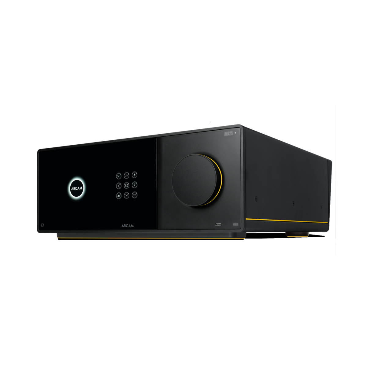A black Arcam Radia AVA25 9-channel Class A/B Home Theater Receiver with a glossy front panel, touch buttons, a large central dial, and a gold accent ring, shown on a plain white background.