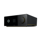 A black Arcam Radia AVA25 9-channel Class A/B Home Theater Receiver with a glossy front panel, touch buttons, a large central dial, and a gold accent ring, shown on a plain white background.