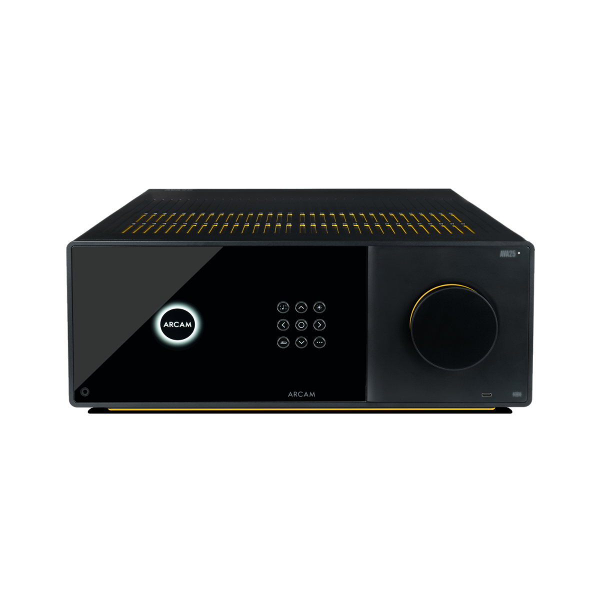 A black Arcam Radia AVA25 9-channel Class A/B Home Theater Receiver with a glossy front panel, illuminated logo, control buttons, and a large volume knob, shown on a plain white background.