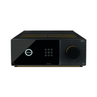 A black Arcam Radia AVA25 9-channel Class A/B Home Theater Receiver with a glossy front panel, illuminated logo, control buttons, and a large volume knob, shown on a plain white background.