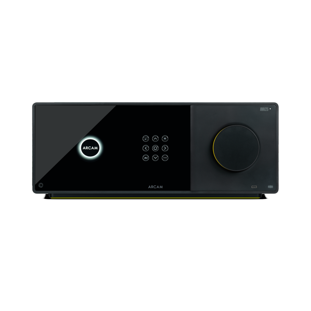 A sleek black Arcam Radia AVA25 9-channel Class A/B Home Theater Receiver with a glossy display screen, a central control keypad, and a large rotary volume knob on the right side, shown against a plain white background.