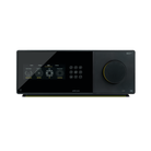 A sleek black Arcam Radia AVA25 9-channel Class A/B Home Theater Receiver with a glossy touch display panel, a large circular control dial, and a row of buttons on the front, shown against a plain white background.