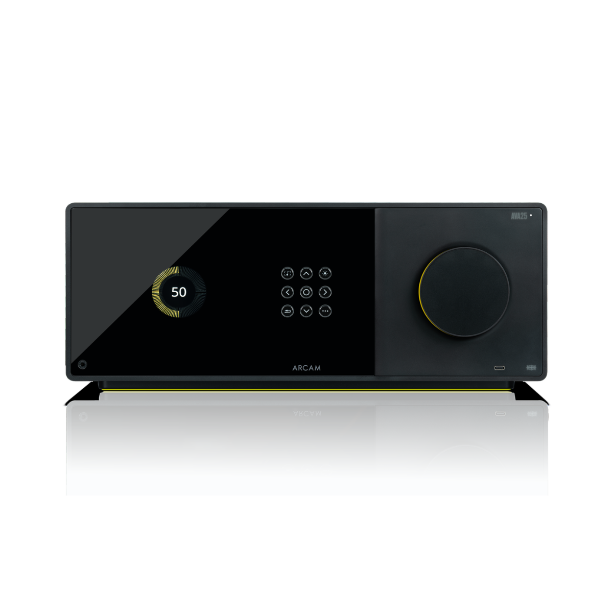 A sleek black Arcam Radia AVA25 9-channel Class A/B Home Theater Receiver with a glossy front panel, digital display, control buttons, and a large rotary volume knob, shown on a clean white background with a subtle reflection.