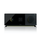 A sleek black Arcam Radia AVA25 9-channel Class A/B Home Theater Receiver with a glossy front panel, digital display, control buttons, and a large rotary volume knob, shown on a clean white background with a subtle reflection.