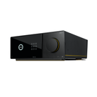 A sleek black Arcam Radia AVA35 9-channel Class G Home Theater Receiver with a glossy front panel, a large central rotary dial outlined in gold, and a subtle gold accent line along the side, shown on a plain white background.