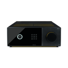 A sleek black Arcam Radia AVA35 9-channel Class G Home Theater Receiver with a glossy front panel, illuminated logo, control buttons, and a large volume knob, shown on a solid white background.