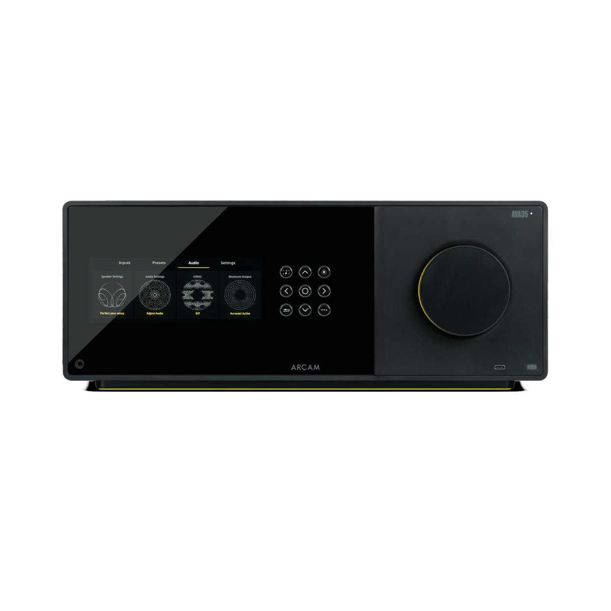 A sleek Arcam Radia AVA35 9-channel Class G Home Theater Receiver in matte black with a glossy touch display screen, a large circular control knob outlined in yellow, and a thin yellow accent line along the bottom edge, shown against a plain white background.