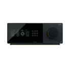 A sleek Arcam Radia AVA35 9-channel Class G Home Theater Receiver in matte black with a glossy touch display screen, a large circular control knob outlined in yellow, and a thin yellow accent line along the bottom edge, shown against a plain white background.