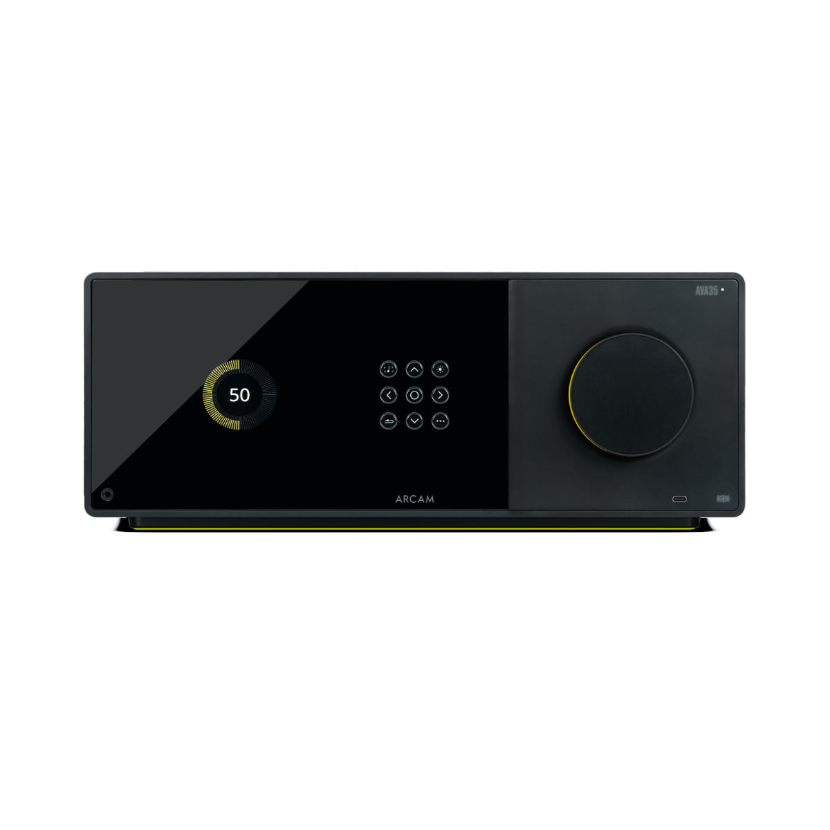 ARCAM audio receiver or streaming device in glossy black with a large front display, touch buttons, and a prominent circular volume control, shown on a plain white background.