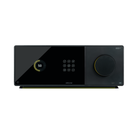 ARCAM audio receiver or streaming device in glossy black with a large front display, touch buttons, and a prominent circular volume control, shown on a plain white background.