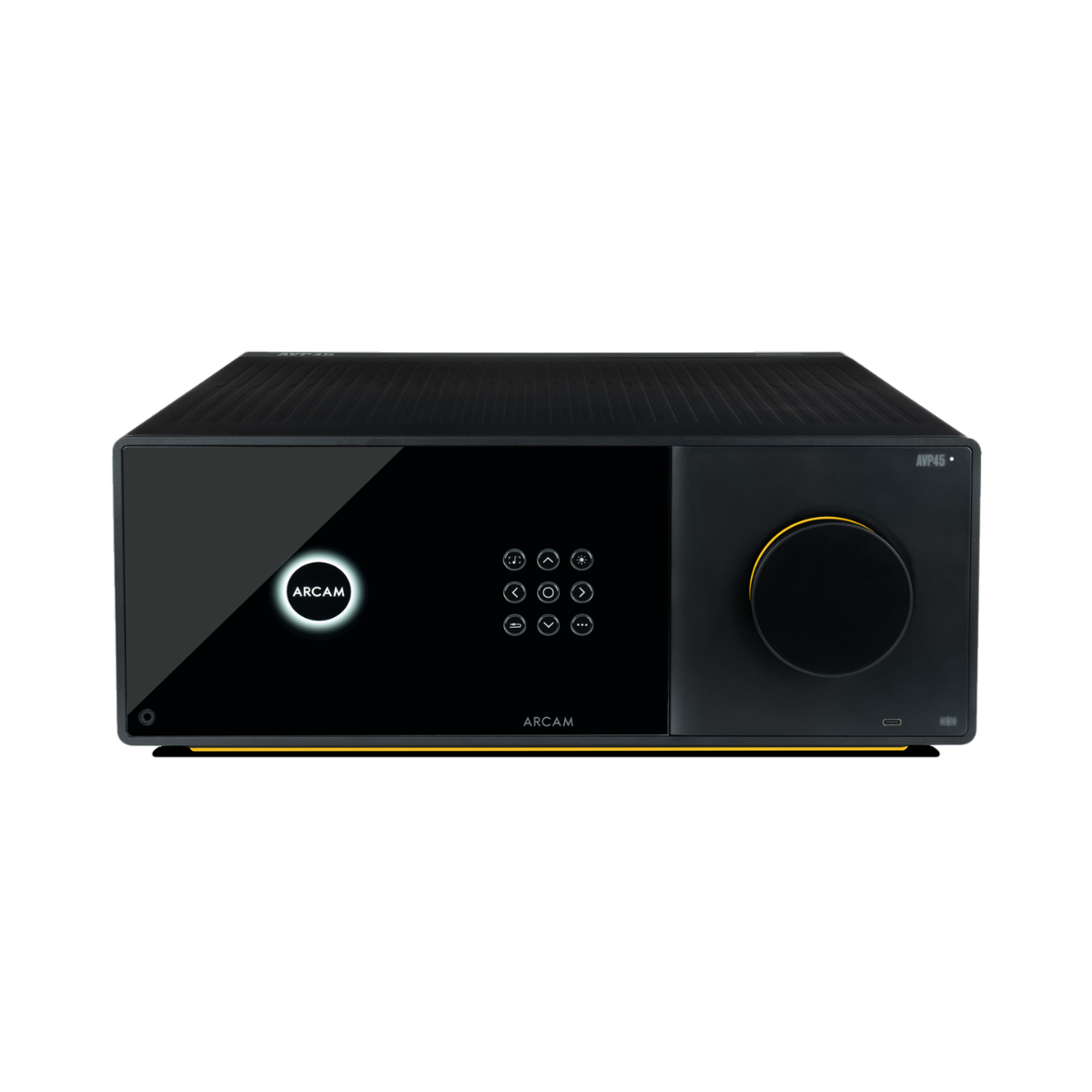 A black Arcam Radia AVP45 16-Channel Surround Sound Processor with a glossy black front panel, featuring an illuminated Arcam logo, a central digital control pad, and a large rotary volume knob with a gold accent ring, set against a plain white background.