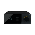 A black Arcam Radia AVP45 16-Channel Surround Sound Processor with a glossy black front panel, featuring an illuminated Arcam logo, a central digital control pad, and a large rotary volume knob with a gold accent ring, set against a plain white background.