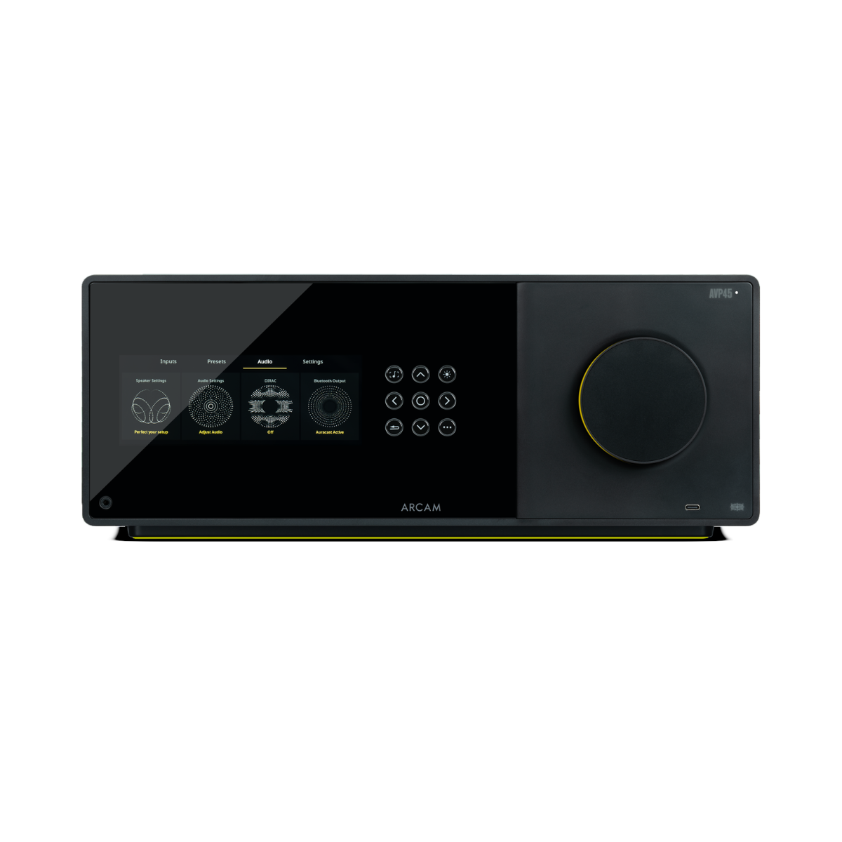 An Arcam Radia AVP45 16-Channel Surround Sound Processor in black, featuring a glossy touch display, a large rotary volume knob with a yellow ring, and a matte control panel on a white background.
