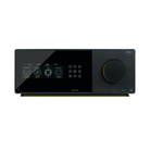 An Arcam Radia AVP45 16-Channel Surround Sound Processor in black, featuring a glossy touch display, a large rotary volume knob with a yellow ring, and a matte control panel on a white background.