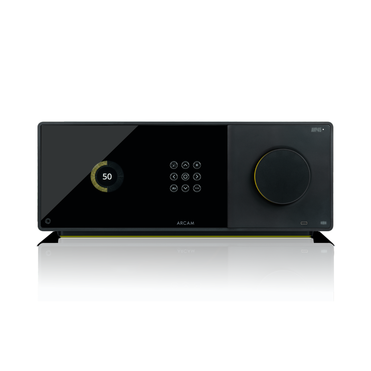 A sleek black Arcam Radia AVP45 16-Channel Surround Sound Processor with a glossy front panel, featuring a digital display showing '50', a grid of control icons, and a large circular volume knob with a yellow accent ring, set against a clean white background with a subtle reflection.