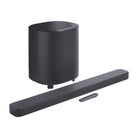 JBL Bar 500 M2 5.1 Soundbar with Wireless Subwoofer front view angled right with remote in front