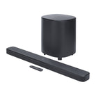 JBL Bar 500 M2 5.1 Soundbar with Wireless Subwoofer front view angled left with remote in front
