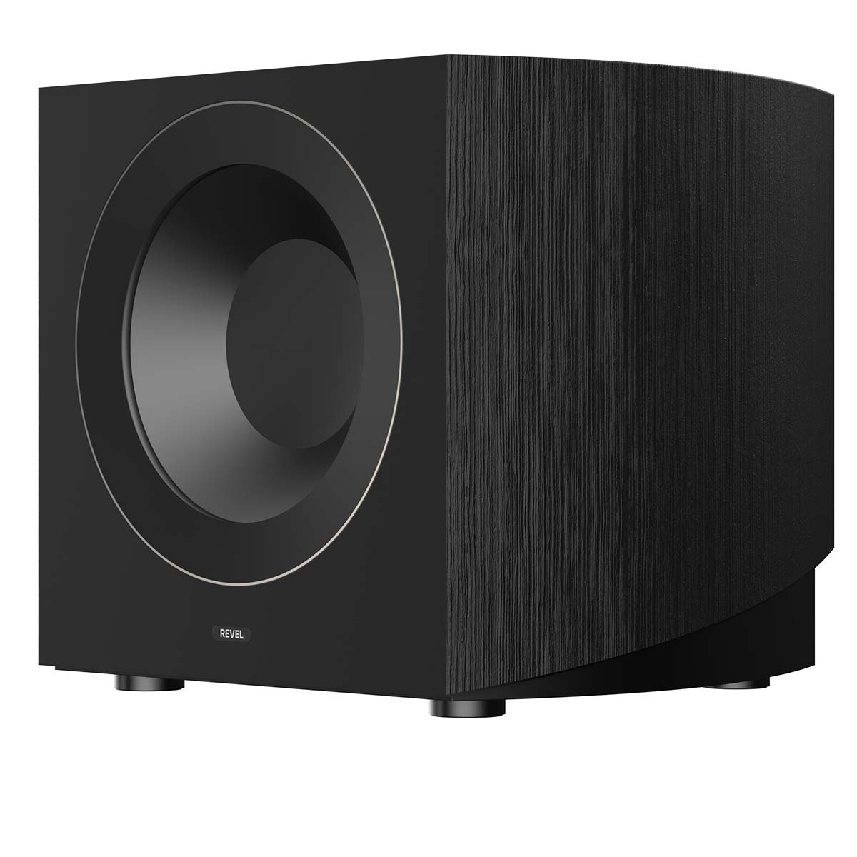 Revel Performa4 B140 10-Inch Powered Subwoofer - Black - front and side view without grille angled left