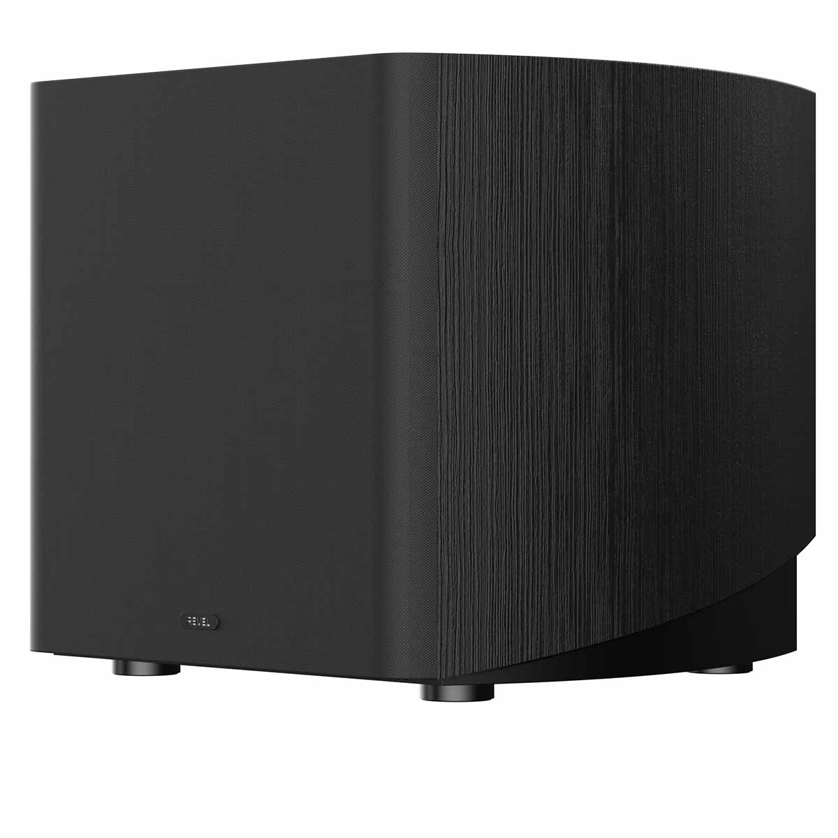 Revel Performa4 B140 10-Inch Powered Subwoofer - Black - front and side view with grille angled left