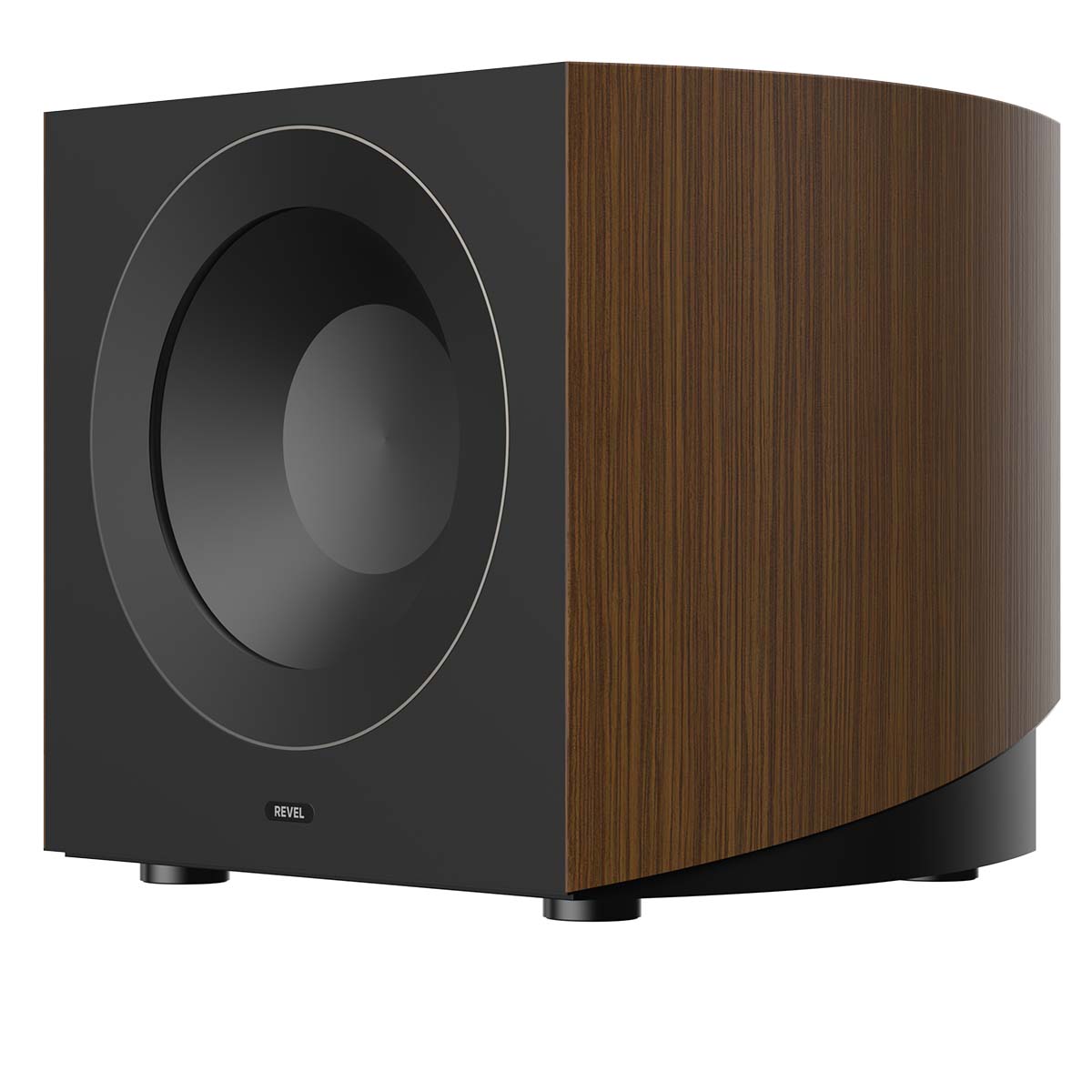 Revel Performa4 B140 10-Inch Powered Subwoofer - Walnut - front and side view without grille angled left