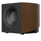 Revel Performa4 B140 10-Inch Powered Subwoofer - Walnut - front and side view without grille angled left