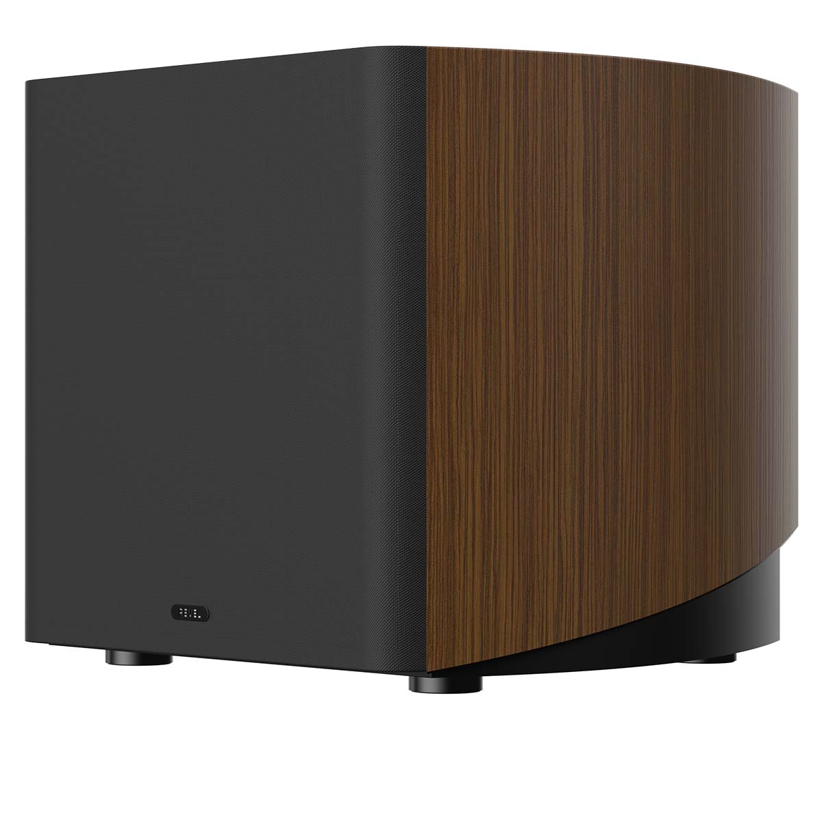 Revel Performa4 B140 10-Inch Powered Subwoofer - Walnut - front and side view with grille angled left