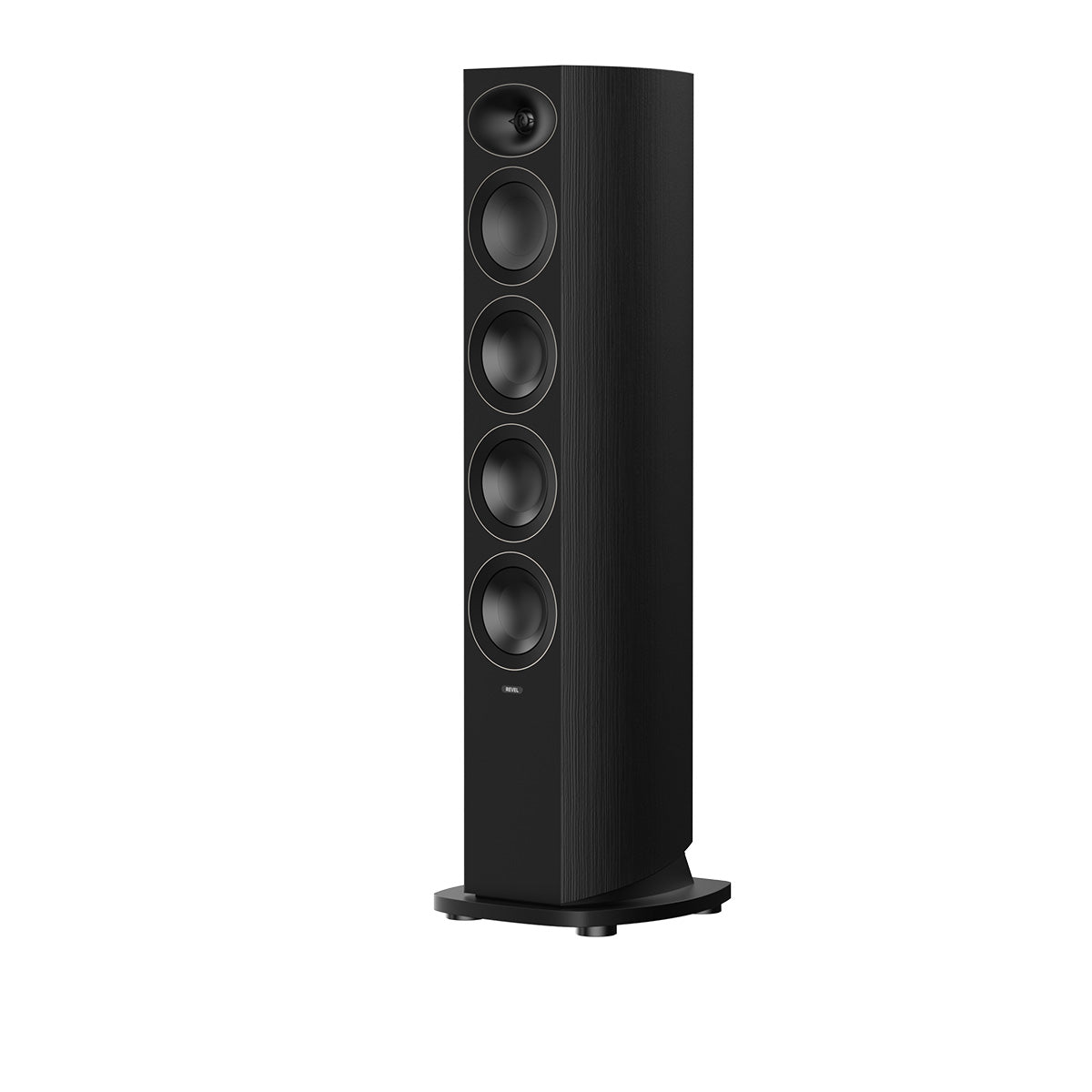 Revel Performa4 F345 Floorstanding Loudspeaker - Black - single speaker front and side view without grille angled left