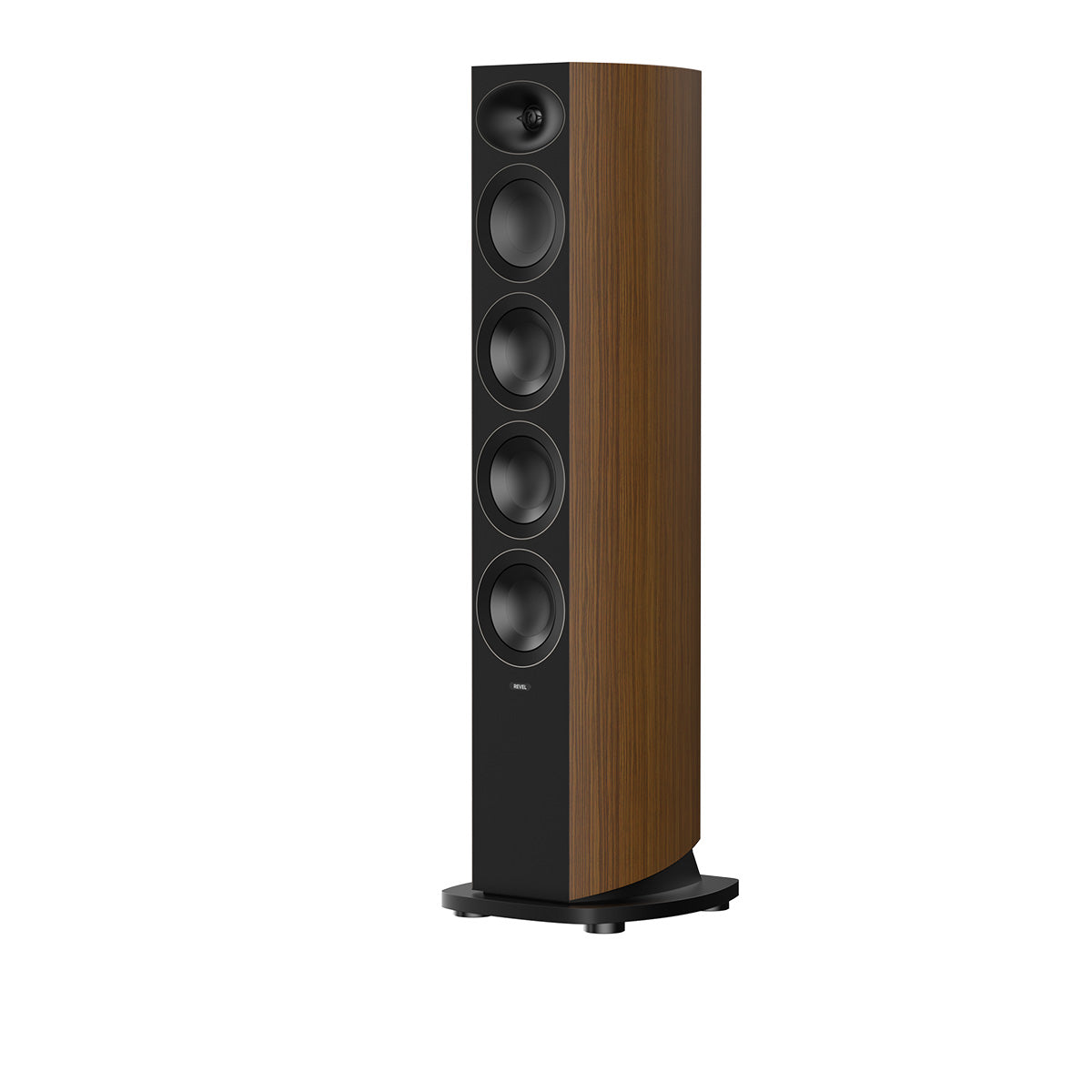Revel Performa4 F345 Floorstanding Loudspeaker - Walnut - single speaker front and side view without grille angled left