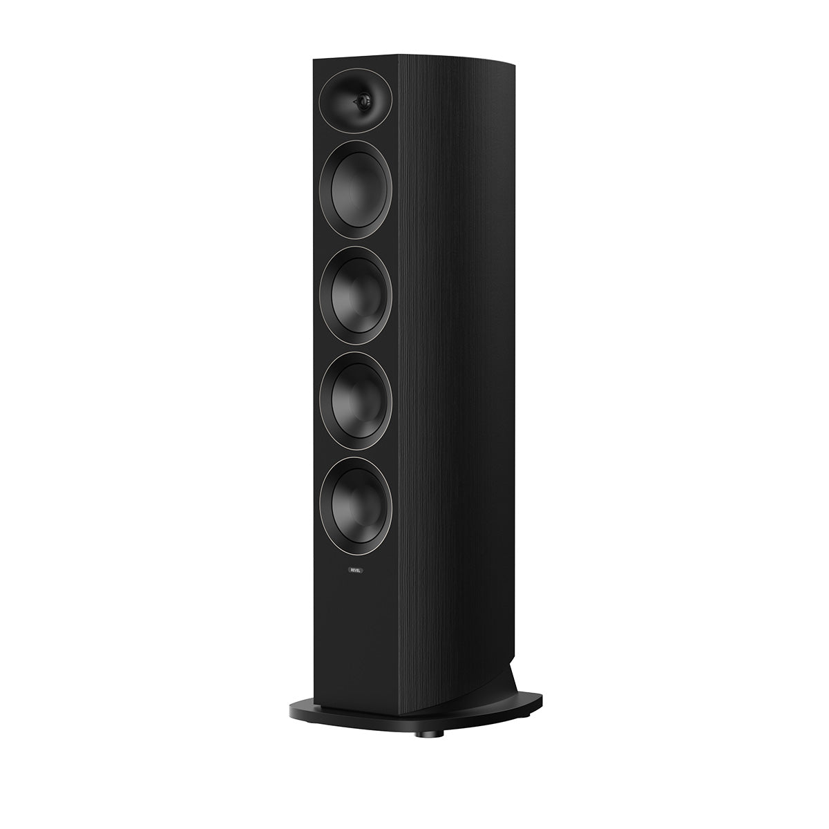 Revel Performa4 F346 Floorstanding Loudspeaker - Black - single speaker front and side view without grille angled left
